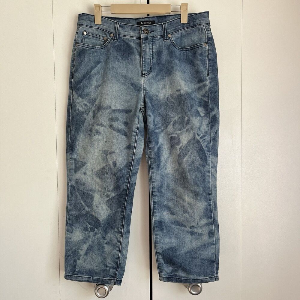 Relativity Capri Jeans Size 6 Blue Tie Dye Bleach Wash Cropped 5 Pocket